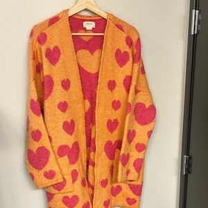 Anthropologie Maeve Pink and Orange Hearts Knit Open Long Cardigan M/L